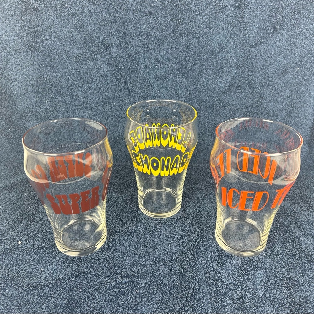 Set of 3 - 32 oz. Retro Drinking Glasses, "Lemonade", "Super Cola", & "Iced Tea"